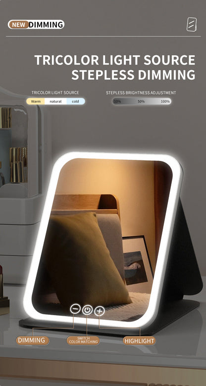 Black Small Foldable LED Makeup Mirror - Portable Desktop Vanity with 3 Color Lights, Stepless Dimming & Adjustable Stand
