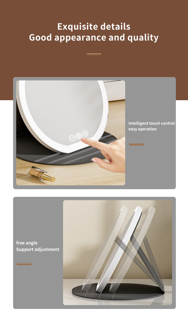Pink Small Round Foldable LED Makeup Mirror - 18.5cm Desktop Vanity with 3 Color Lights & Stepless Dimming