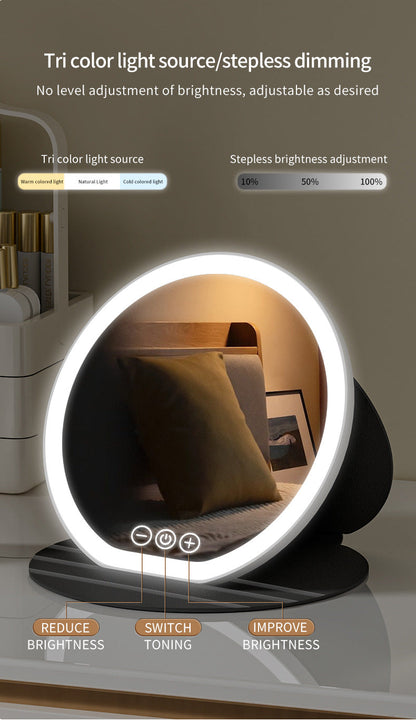 White Small Round Foldable LED Makeup Mirror - 18.5cm Desktop Vanity with 3 Color Lights & Stepless Dimming