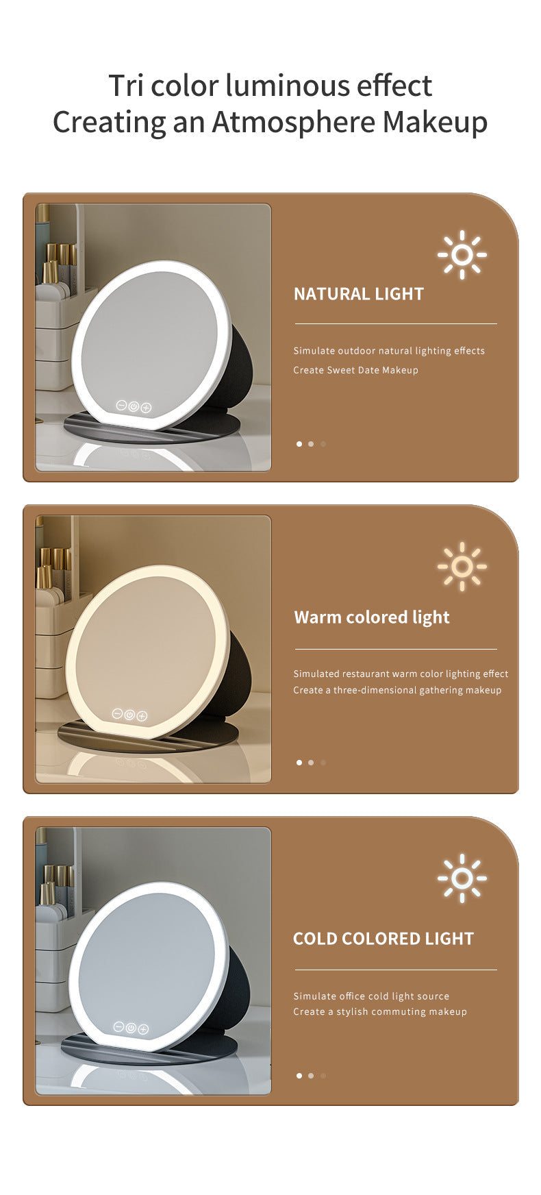 White Small Round Foldable LED Makeup Mirror - 18.5cm Desktop Vanity with 3 Color Lights & Stepless Dimming