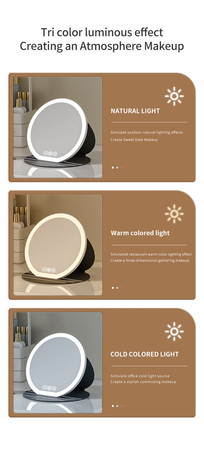 Black Small Round Foldable LED Makeup Mirror - 18.5cm Desktop Vanity with 3 Color Lights & Stepless Dimming