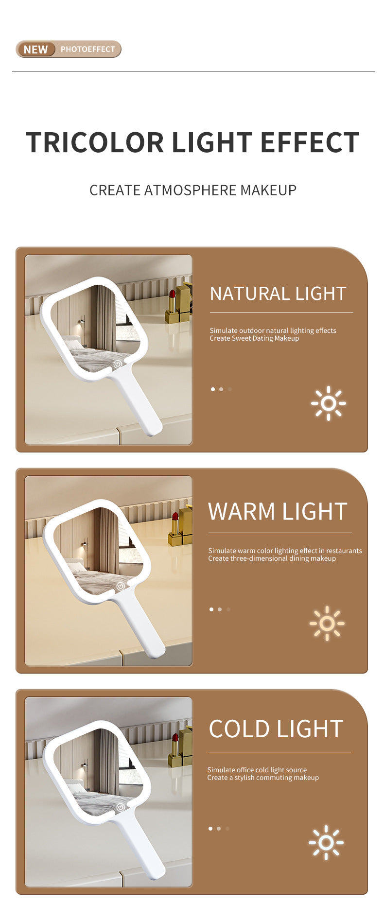 White Round Portable Handheld LED Makeup Mirror - USB-C Rechargeable with 3 Color Light Modes for On-The-Go Touch-Ups