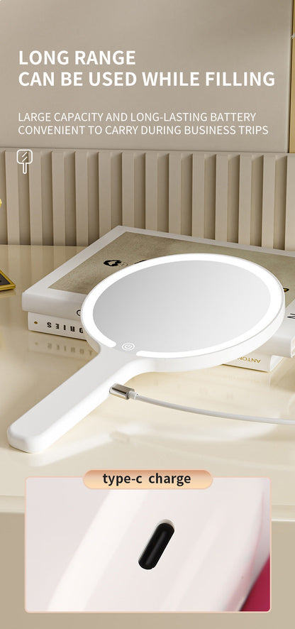 White Round Portable Handheld LED Makeup Mirror - USB-C Rechargeable with 3 Color Light Modes for On-The-Go Touch-Ups