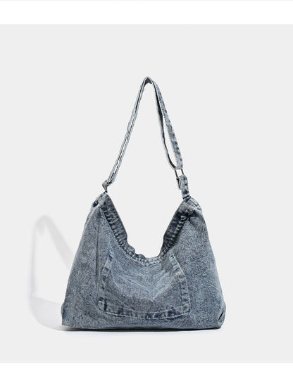 Blue Retro Washed Denim Hobo Bag - Large Capacity Shoulder & Crossbody Tote for Casual Everyday & Commute