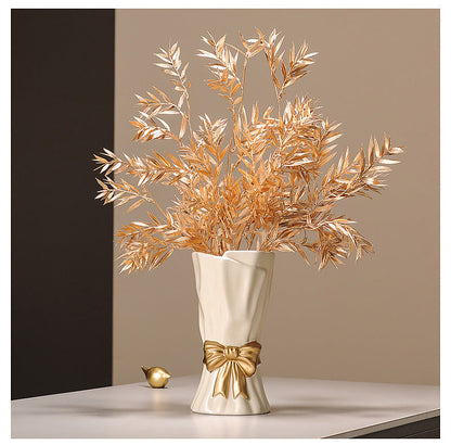 Green Elegant Ceramic Vase with Golden Bow Accent - Textured Relief Flower Holder for Living Room & Dining Table Decor