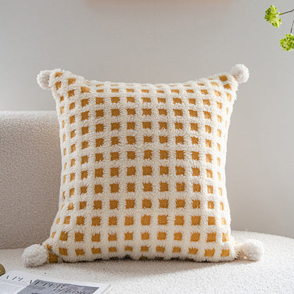 Beige and Yellow 3D Checkered Cushion Cover with Pom Poms - Soft Decorative Pillow Case for Sofa & Living Room (45x45cm, Cover Only)