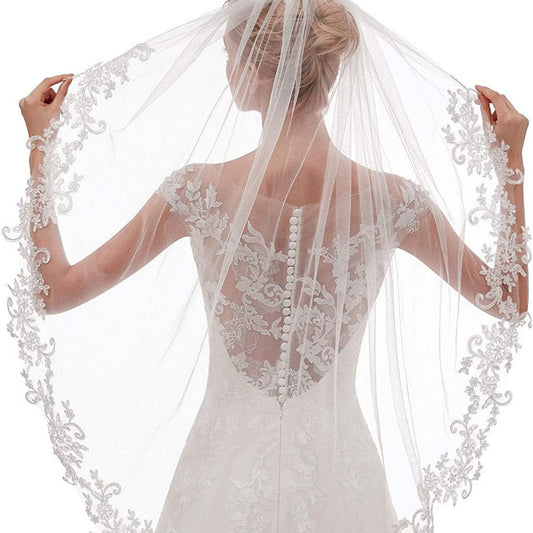 White Elegant Short Bridal Veil - Single Tier with Delicate Lace Applique Edge - Wedding Hair Accessory