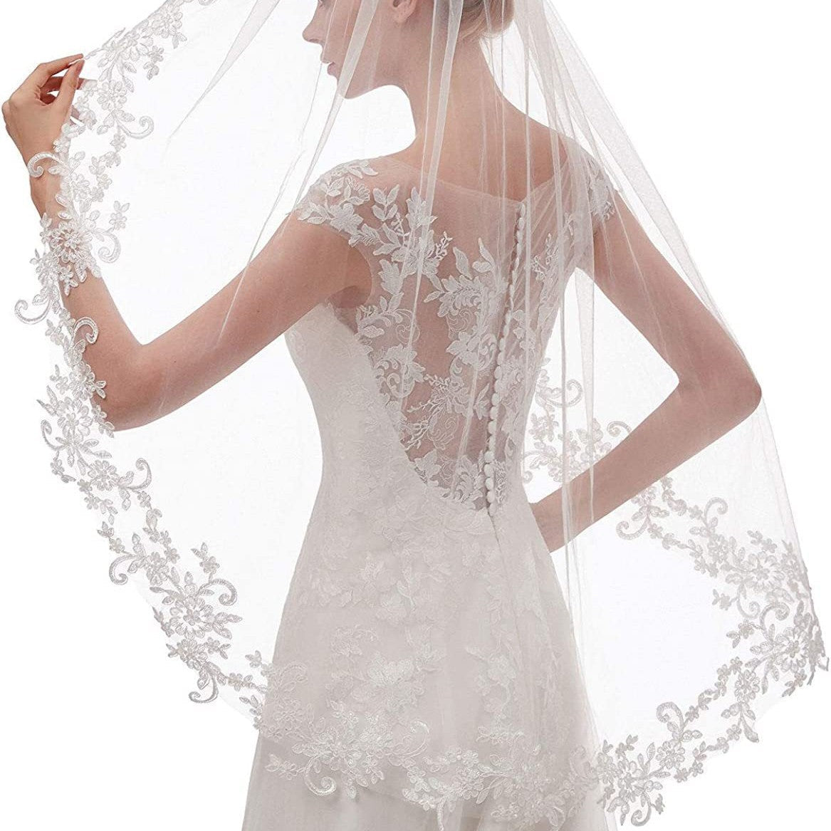 White Elegant Short Bridal Veil - Single Tier with Delicate Lace Applique Edge - Wedding Hair Accessory
