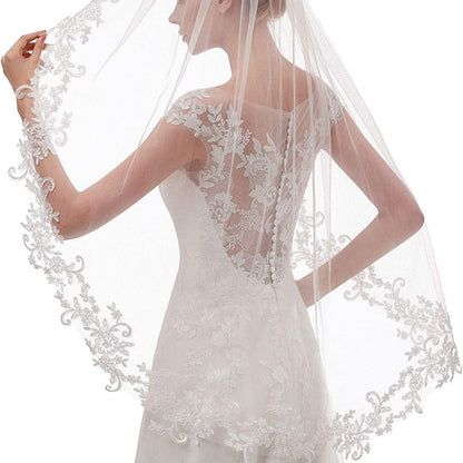 White Elegant Short Bridal Veil - Single Tier with Delicate Lace Applique Edge - Wedding Hair Accessory