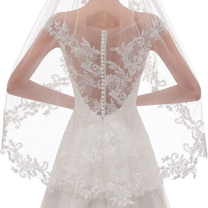 White Elegant Short Bridal Veil - Single Tier with Delicate Lace Applique Edge - Wedding Hair Accessory