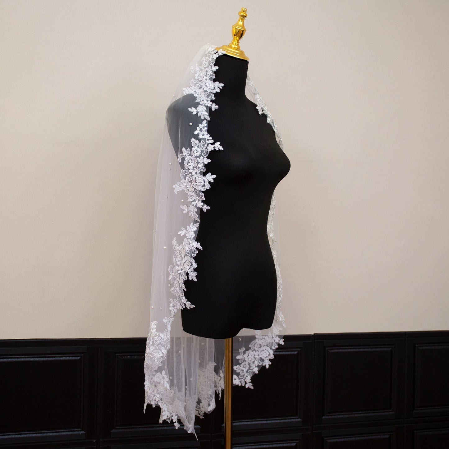 White Elegant Long Bridal Veil with Pearl Accents & Lace Edge - Includes Metal Comb