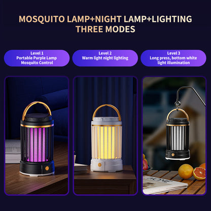 USB Rechargeable White Portable 3-in-1 Electric Mosquito Zapper Lamp - UV Bug Killer, Warm Night Light & Bright Lantern