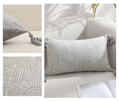 Beige Chic Geometric Jacquard Cushion Covers with Tassels - Set of 2, Plush Blend for Sofa & Bed Decor (45x45cm, Insert Not Included)