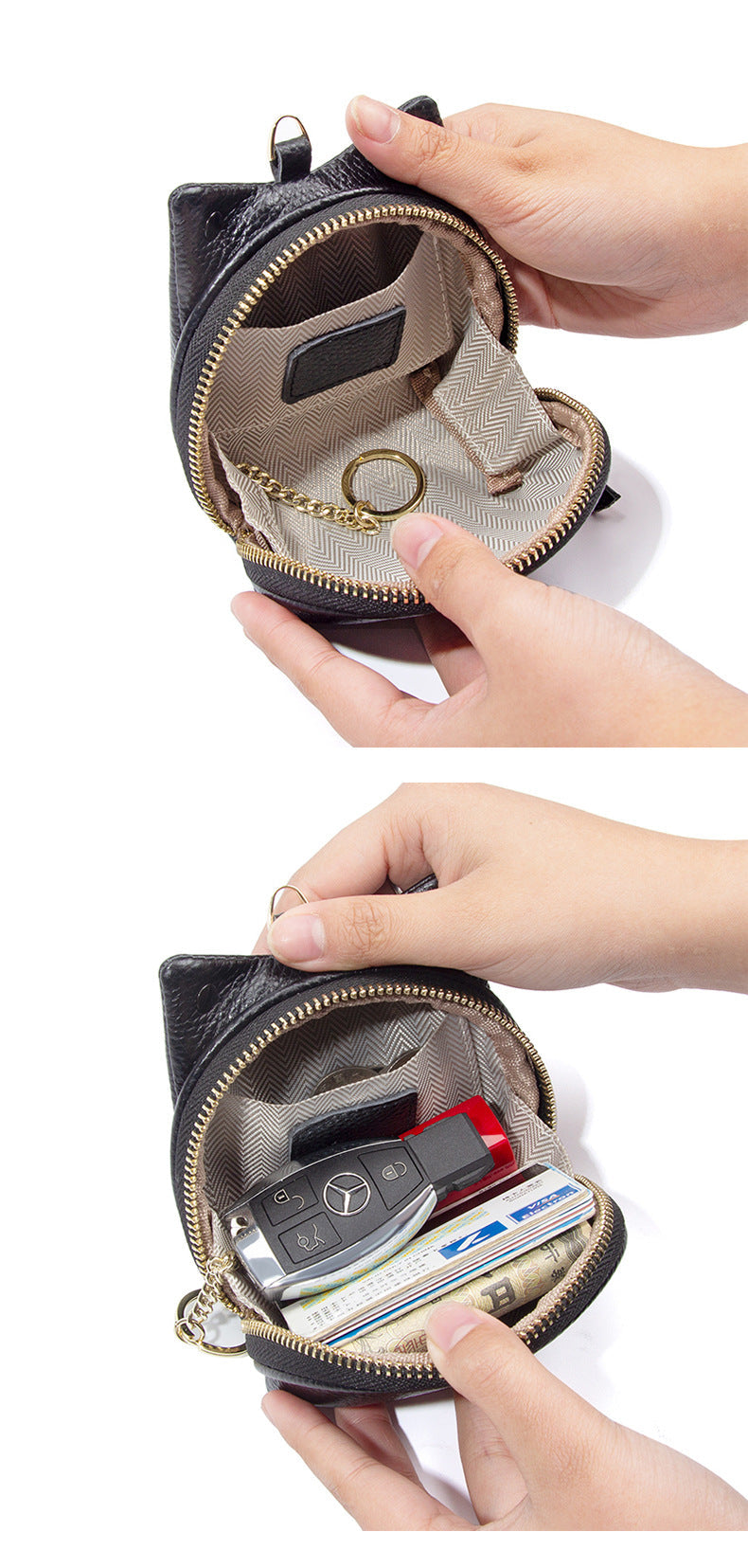 Black Leather Frog Design Coin Purse - Cute Cartoon Mini Wallet Pouch for Keys & Coins with Keyring