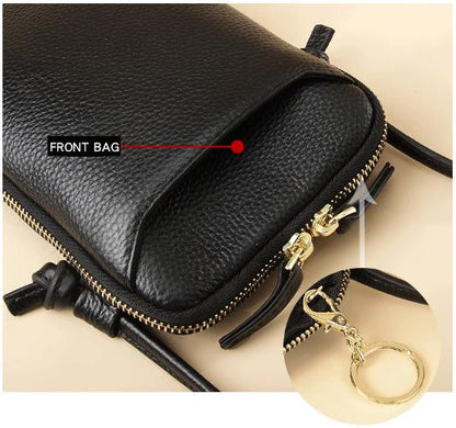 Black Premium Leather Mini Crossbody Phone Bag - Stylish Multi-Pocket Organizer for Women