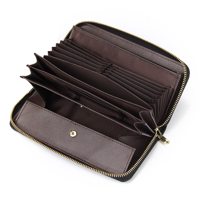 Dark Blue Premium Genuine Leather RFID Blocking Long Wallet - Unisex Multi-Card Organizer Clutch with Zip-Around Closure