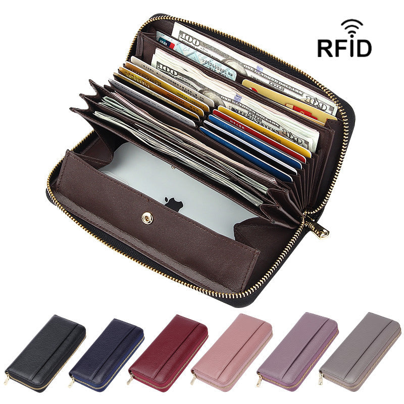 Purple Premium Genuine Leather RFID Blocking Long Wallet - Unisex Multi-Card Organizer Clutch with Zip-Around Closure