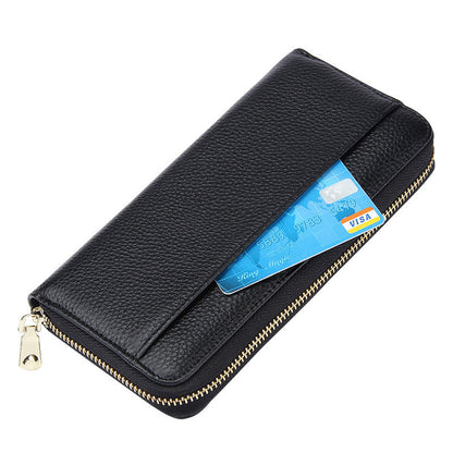 Grey Premium Genuine Leather RFID Blocking Long Wallet - Unisex Multi-Card Organizer Clutch with Zip-Around Closure