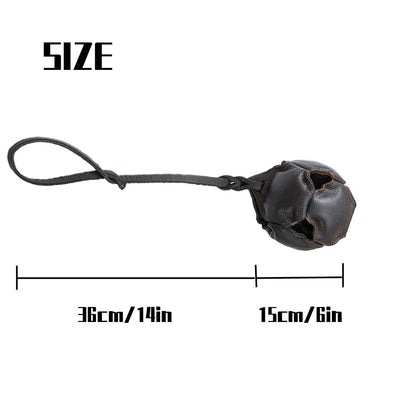 Black Durable Leather Dog Training Ball with Loop Handle - Interactive Bite & Tug Toy for Playful Pups