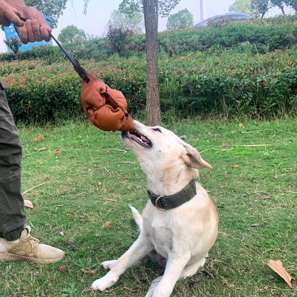 Black Durable Leather Dog Training Ball with Loop Handle - Interactive Bite & Tug Toy for Playful Pups