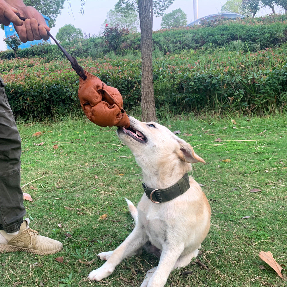 Brown Durable Leather Dog Training Ball with Loop Handle - Interactive Bite & Tug Toy for Playful Pups