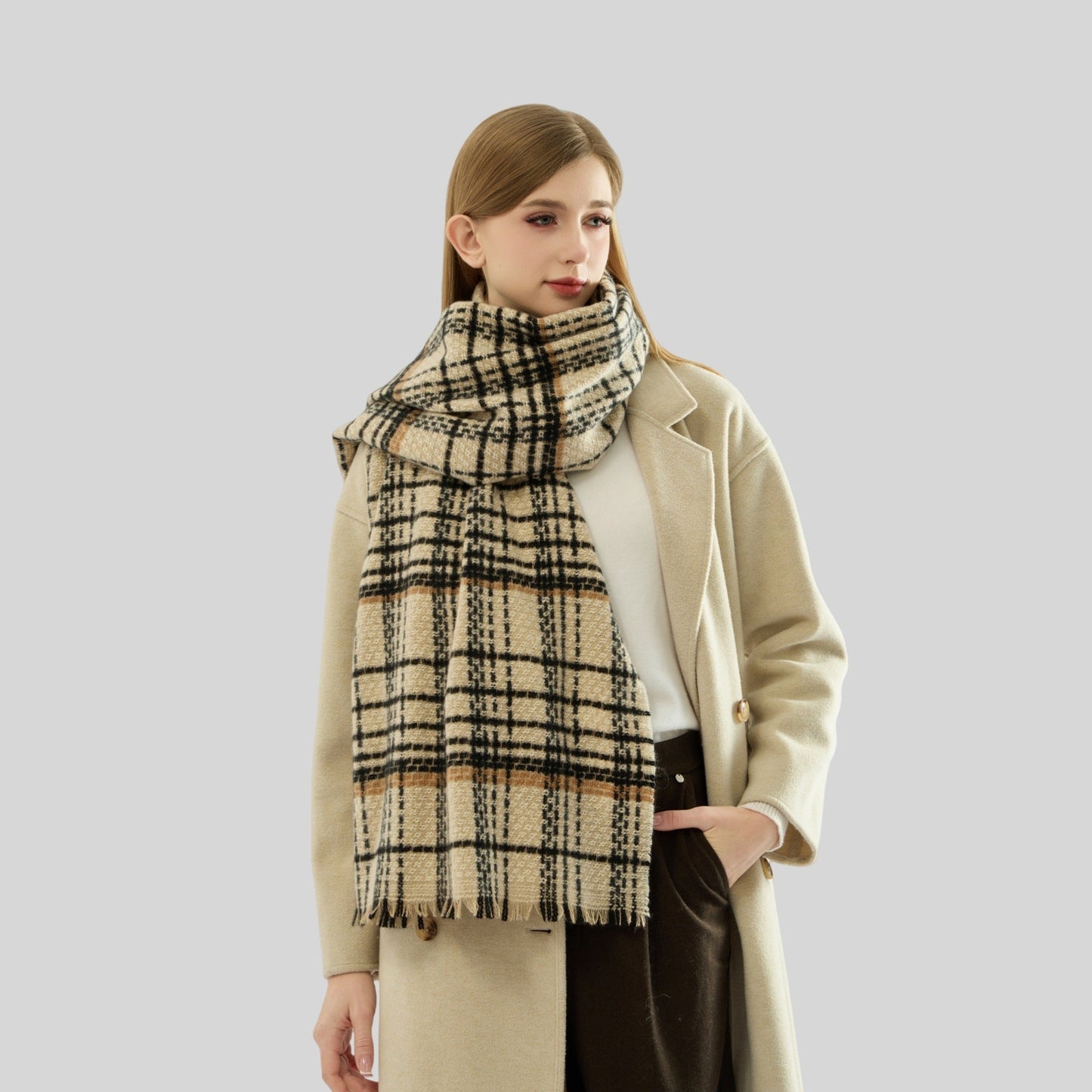 Black Chic Plaid Winter Scarf - Large Soft Polyester Shawl Wrap with Tassels, Korean Inspired Fashion