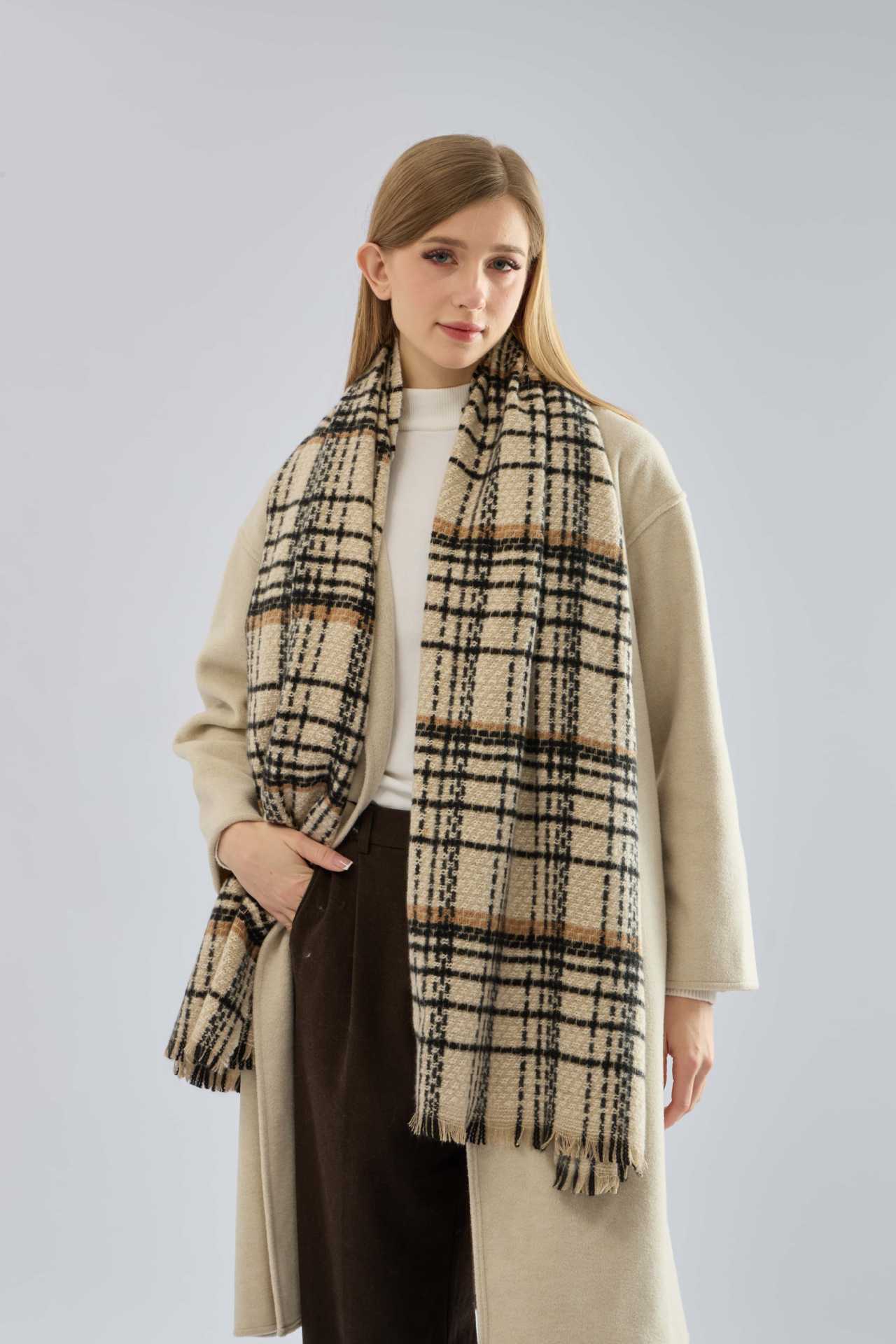 Black Chic Plaid Winter Scarf - Large Soft Polyester Shawl Wrap with Tassels, Korean Inspired Fashion