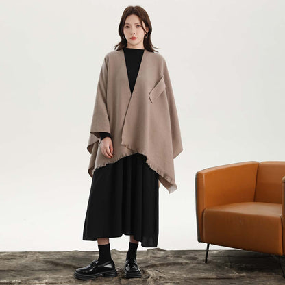 Dark Blue Elegant Soft Knit Poncho Cape - Warm Autumn Winter Shawl Wrap with Side Tie, Thick & Luxurious Feel