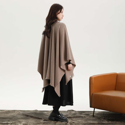 Dark Blue Elegant Soft Knit Poncho Cape - Warm Autumn Winter Shawl Wrap with Side Tie, Thick & Luxurious Feel