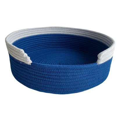 Blue and White Chic Two-Tone Woven Cotton Rope Cat Bed - Cozy Handmade Pet Nest & Storage Basket