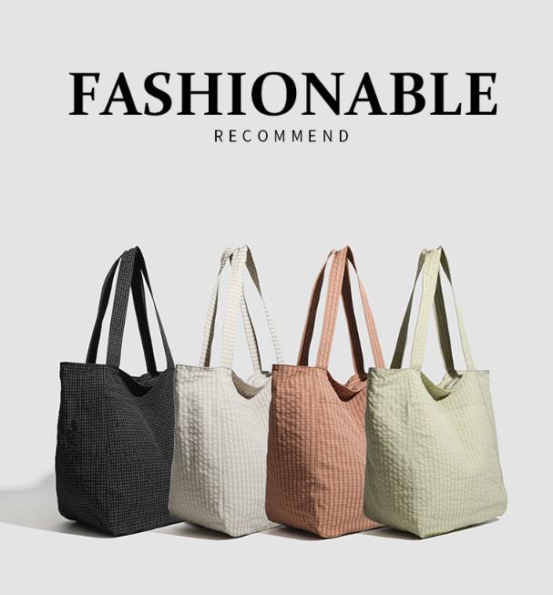 Brown Stylish Lightweight Seersucker Gingham Tote Bag - Spacious Multi-Pocket Shoulder Bag with Zipper