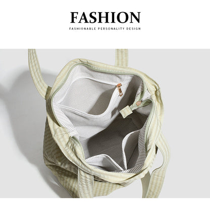 Brown Stylish Lightweight Seersucker Gingham Tote Bag - Spacious Multi-Pocket Shoulder Bag with Zipper