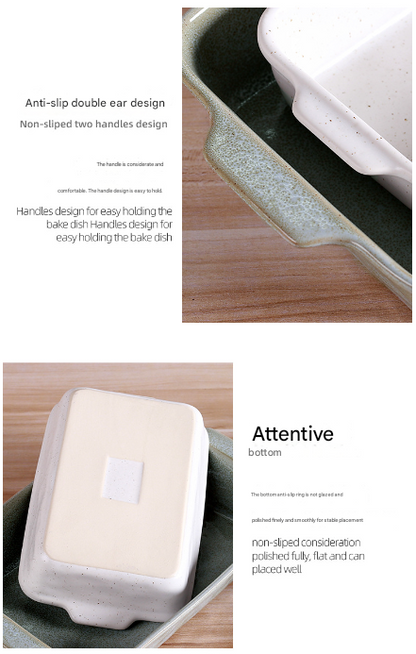 Green Elegant Speckled Ceramic Rectangular Baking Dish - 800ML Oven & Microwave Safe Casserole Pan with Handles