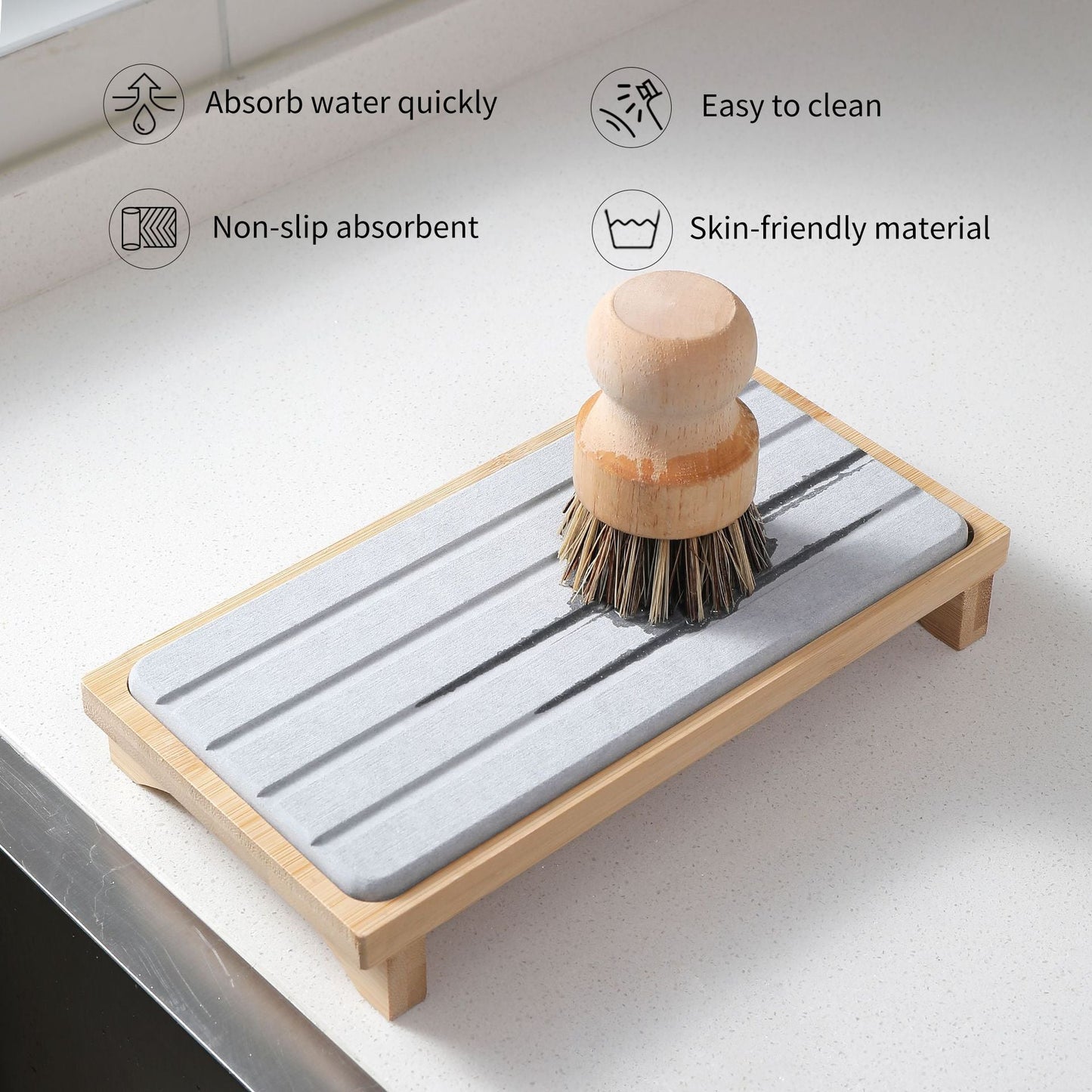 Light Grey Natural Diatomaceous Earth Absorbent Drying Tray with Bamboo Base - Quick-Dry Stone Mat for Kitchen & Bathroom Sink