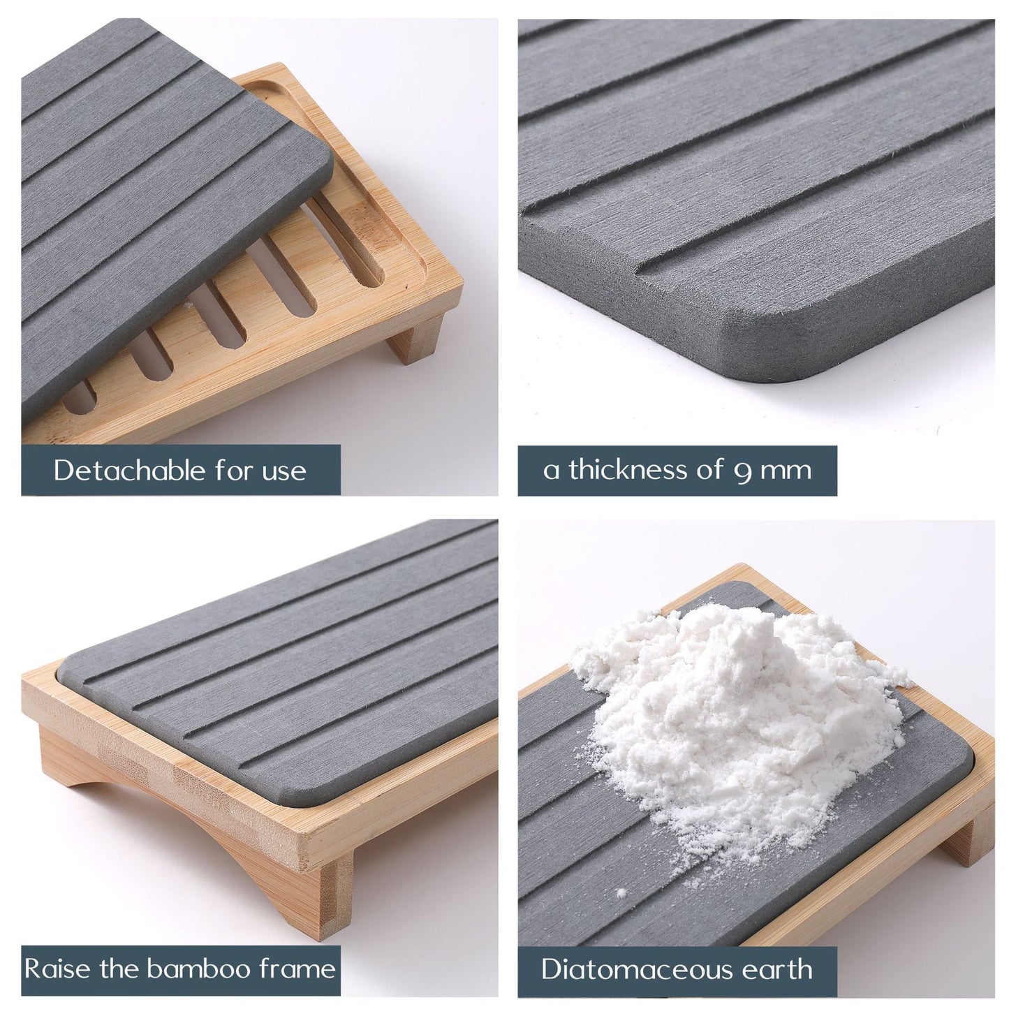 Light Grey Natural Diatomaceous Earth Absorbent Drying Tray with Bamboo Base - Quick-Dry Stone Mat for Kitchen & Bathroom Sink