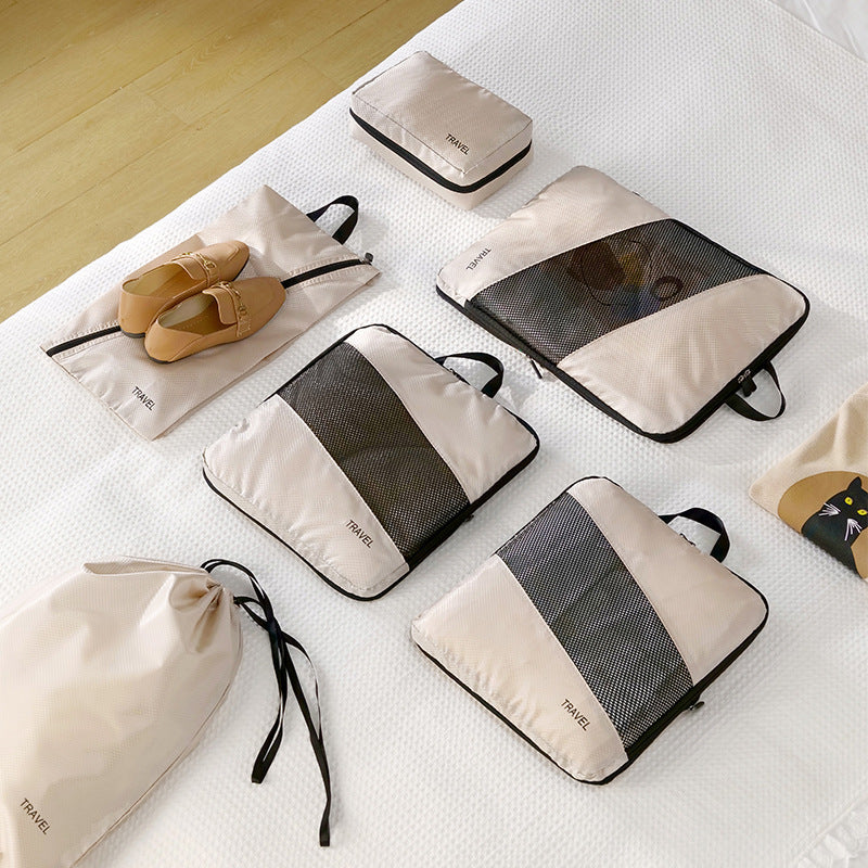 Beige and Black Premium 6-Piece Compression Packing Cubes Set - Lightweight Polyester Travel Organizers for Luggage, Includes Shoe Bag & Toiletry Pouch