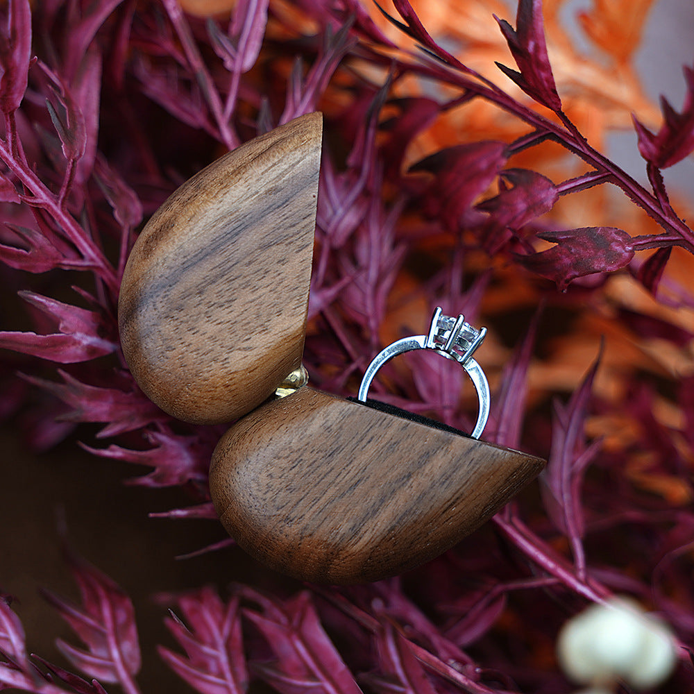 Brown Elegant Walnut Wood Heart Ring Box - Magnetic Closure for Proposal, Engagement & Wedding Jewelry