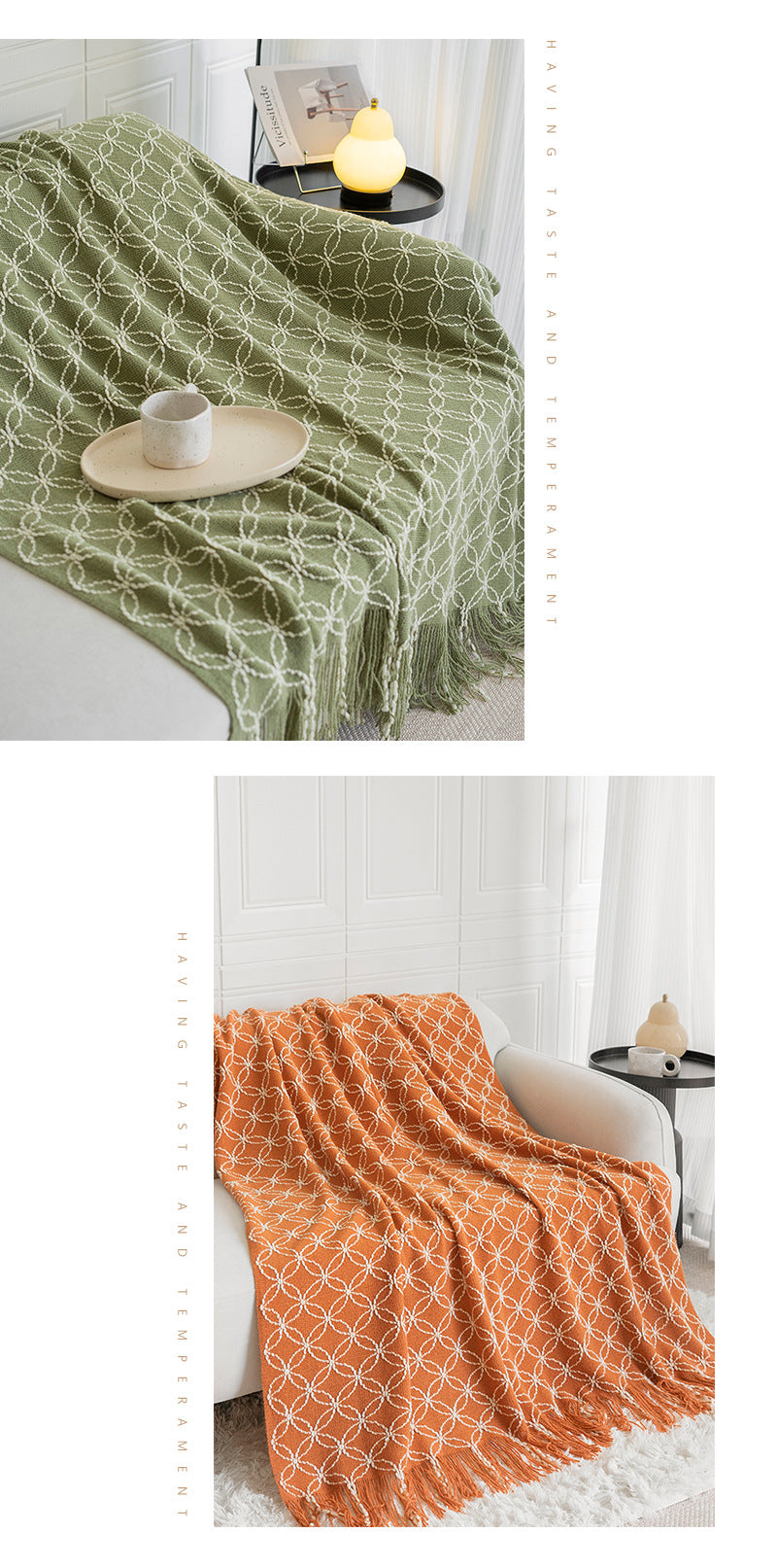 Black Cozy Geometric Knitted Throw Blanket with Tassels - Soft Acrylic Decorative Sofa & Bed Cover, 130x180cm