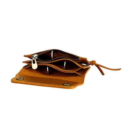 Khaki Vintage Handmade Crazy Horse Leather Wallet - Compact Card Holder & Zippered Coin Purse with Snap Closure