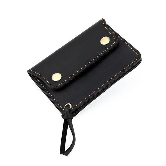 Black Vintage Handmade Crazy Horse Leather Wallet - Compact Card Holder & Zippered Coin Purse with Snap Closure