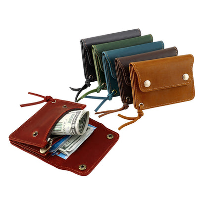 Green Vintage Handmade Crazy Horse Leather Wallet - Compact Card Holder & Zippered Coin Purse with Snap Closure