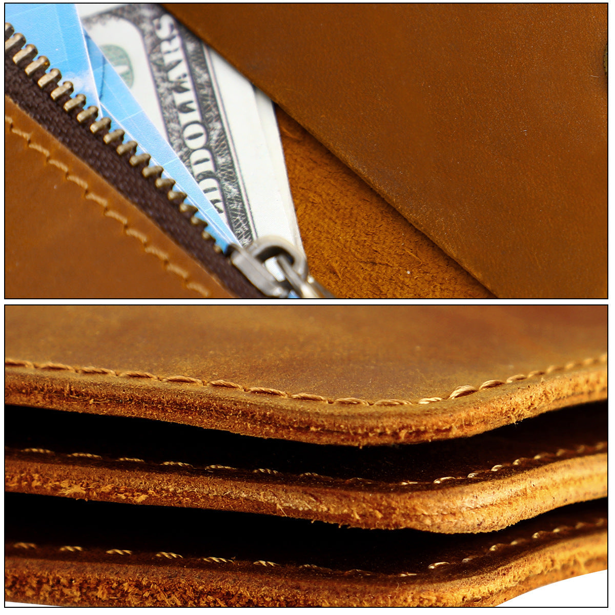 Green Vintage Handmade Crazy Horse Leather Wallet - Compact Card Holder & Zippered Coin Purse with Snap Closure