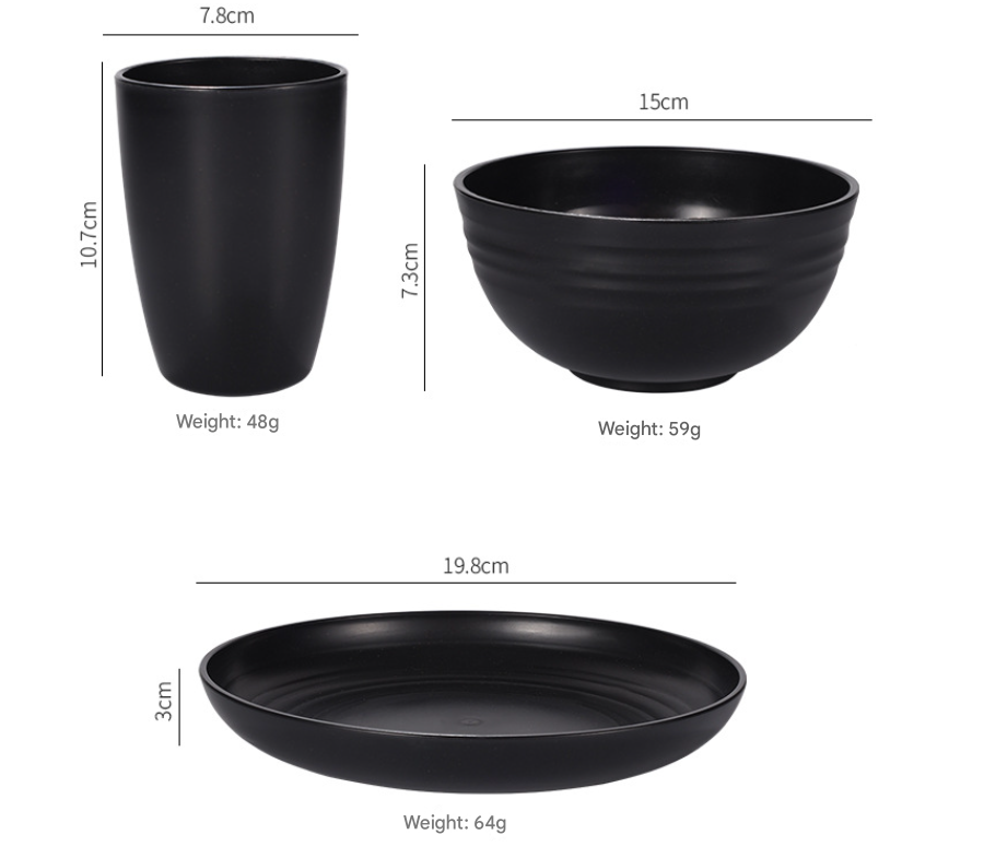 Stylish Dark Grey Wheat Straw Dinnerware Set - 24 Pieces Including Plates, Bowls & Cups