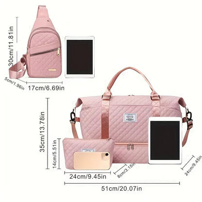 Beige Stylish 3-Piece Quilted Travel Bag Set - Weekender Duffel with Shoe Compartment, Sling Bag & Cosmetic Pouch