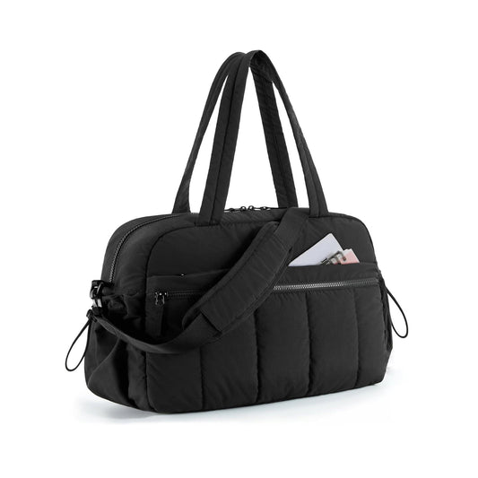 Black Large Capacity Quilted Travel Tote Bag - Waterproof Gym Duffel with Wet Pocket (42x19x30cm)
