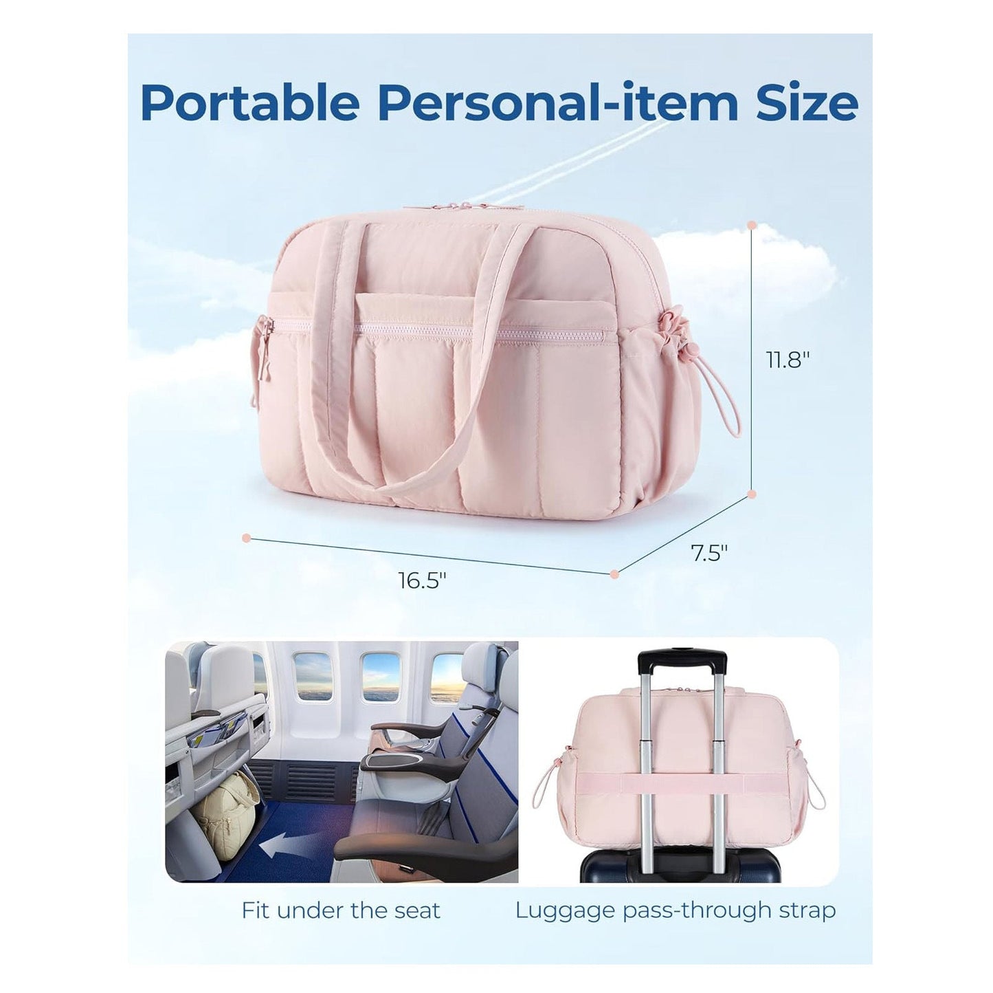 Pink Large Capacity Quilted Travel Tote Bag - Waterproof Gym Duffel with Wet Pocket (42x19x30cm)