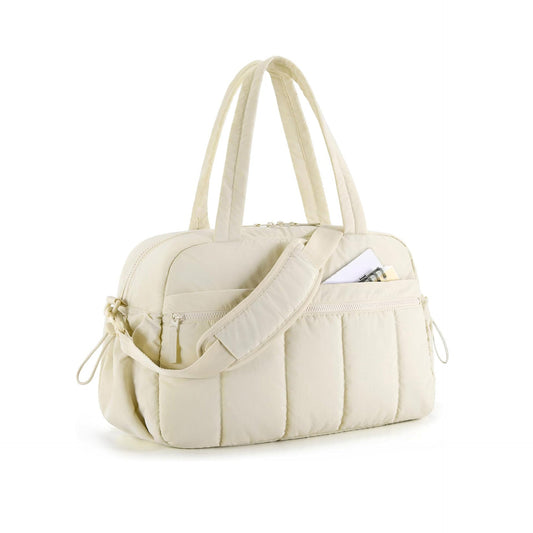 White Large Capacity Quilted Travel Tote Bag - Waterproof Gym Duffel with Wet Pocket (42x19x30cm)