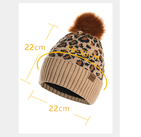 Khaki Women's Leopard Print Winter Warm Knit Set - 3 Piece Fleece Lined Hat, Scarf & Gloves