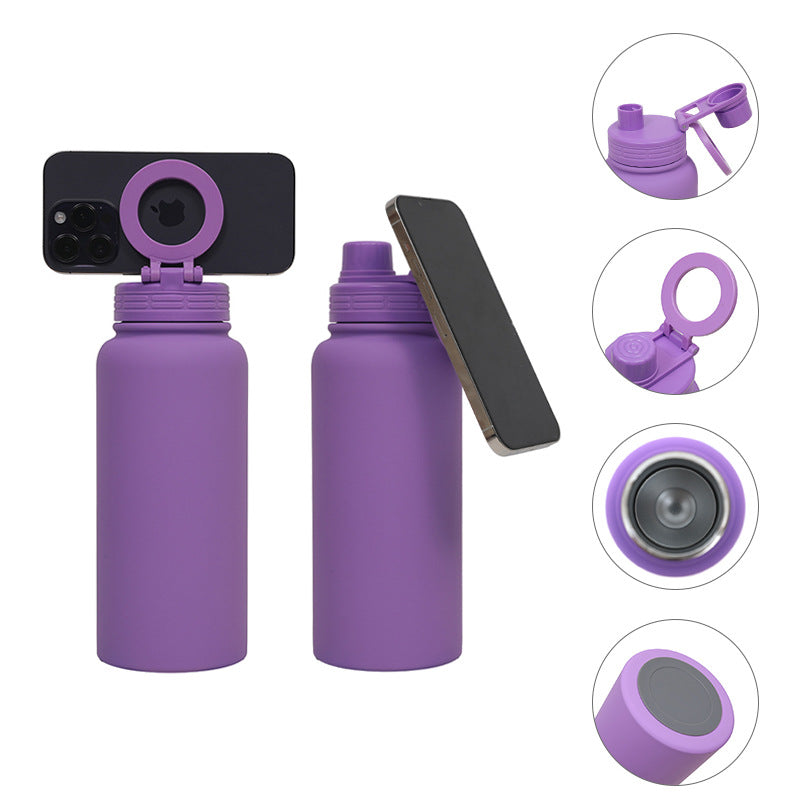 Black Premium 35oz Stainless Steel Insulated Sports Bottle with Magnetic Phone Holder Lid