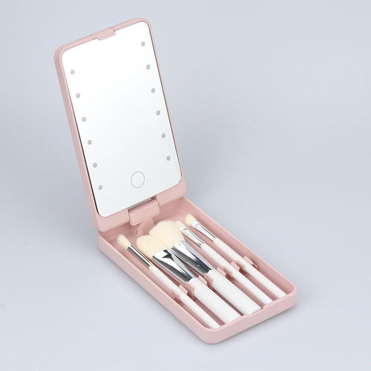 Pink LED Lighted Makeup Mirror with 5-Piece Cosmetic Brush Set and Dustproof Storage Case